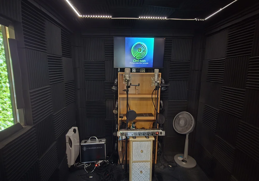 Microphones et pupitre dans la cabine du studio Ohmni-son.